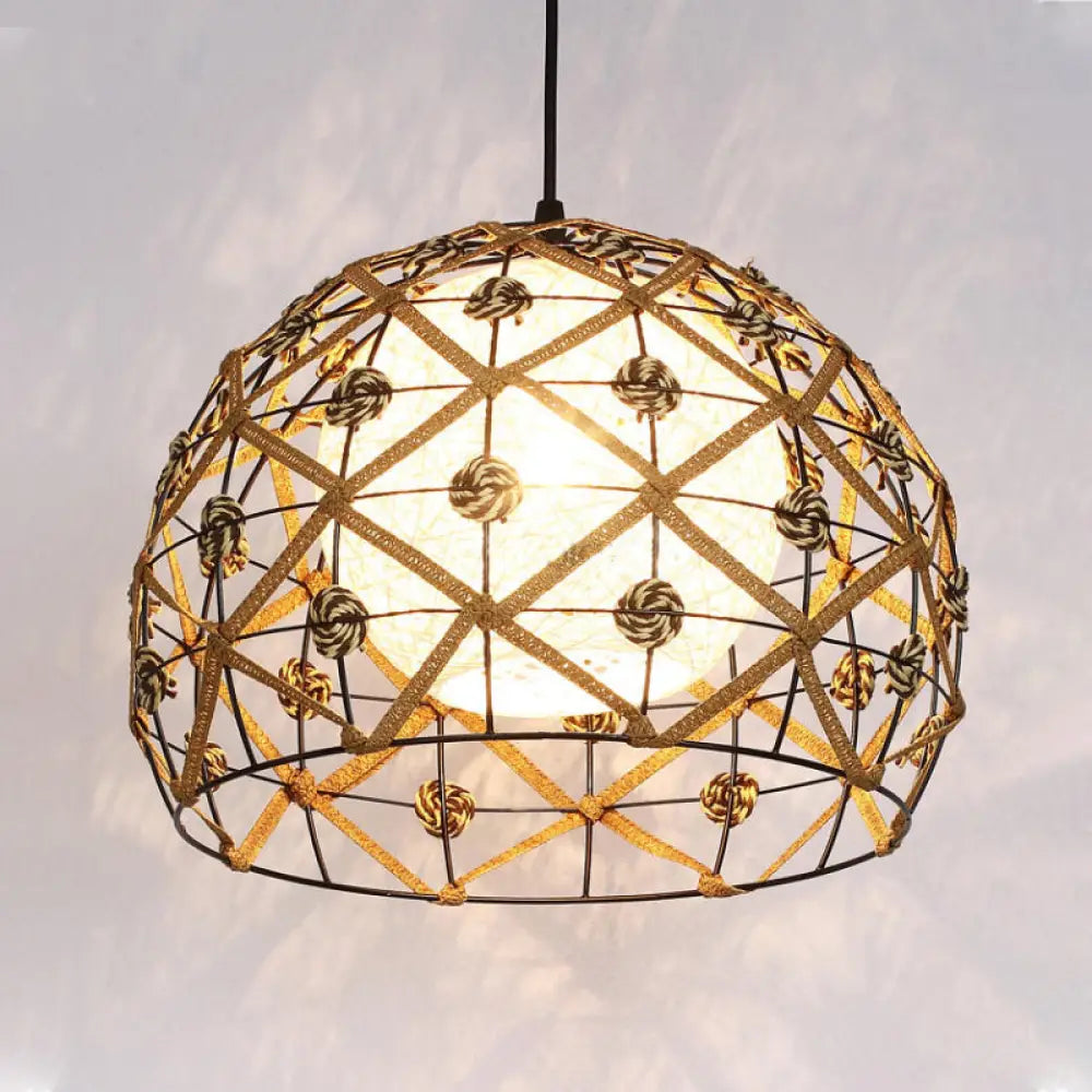 Wood Pendant Ceiling Light With Asian-Inspired Bamboo Shade / Semicircle