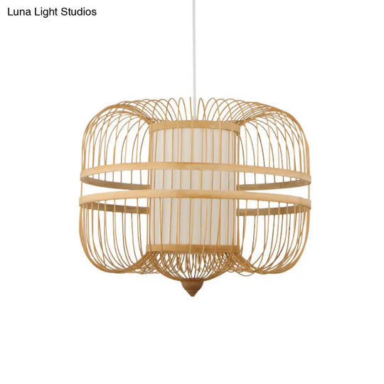 Wood Pendant Light: Bamboo Curved Drum Suspension Light Simplicity Design 1-Light Fixture