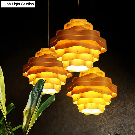 Wood Pendant Lighting - Wavy Layered Design Asian Inspired Beige 1 Bulb Suspended Fixture