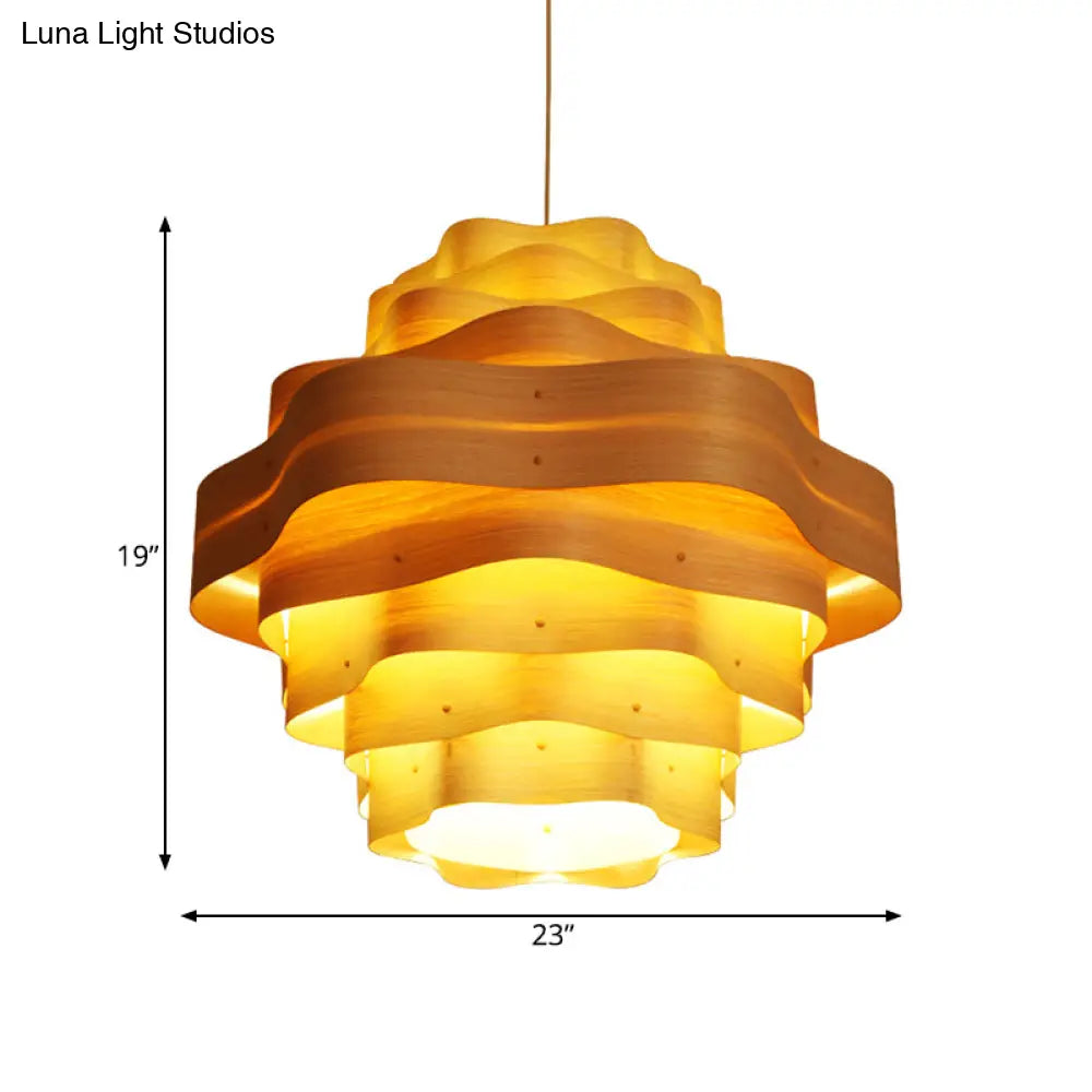 Wood Pendant Lighting - Wavy Layered Design Asian Inspired Beige 1 Bulb Suspended Fixture