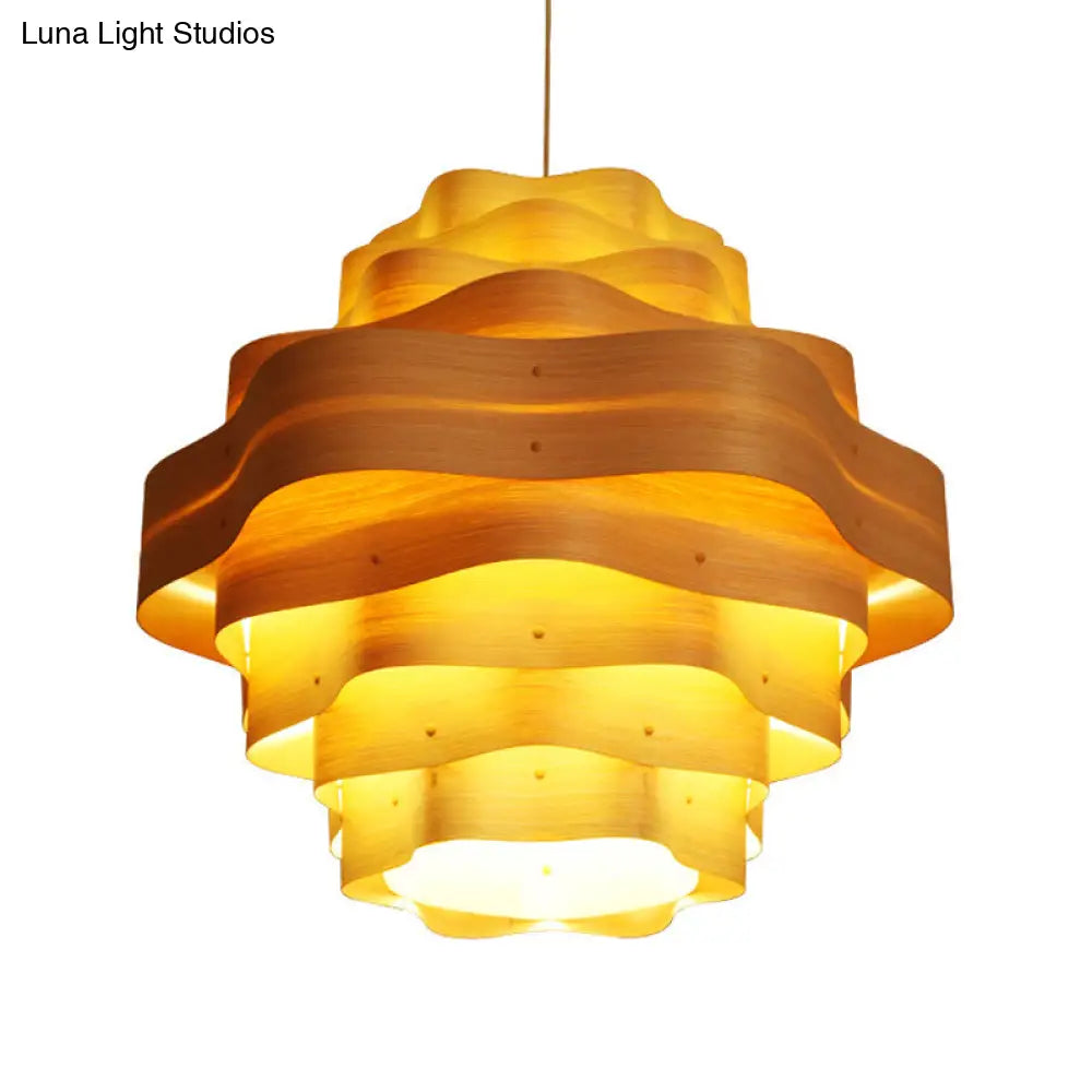 Wood Pendant Lighting - Wavy Layered Design Asian Inspired Beige 1 Bulb Suspended Fixture