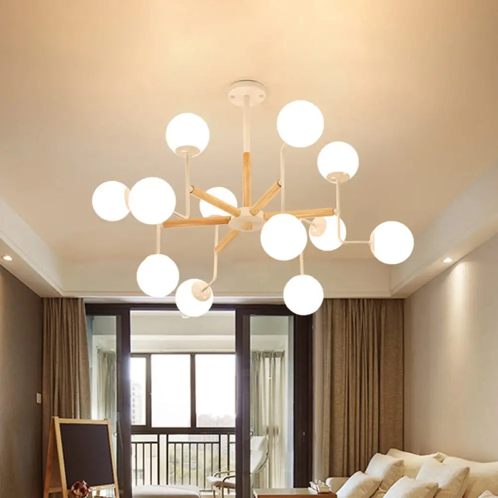 Wood Spherical Pendant Chandelier With Opaline Glass Shade 12 /