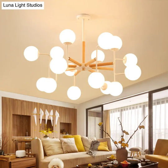 Wood Spherical Pendant Chandelier With Opaline Glass Shade