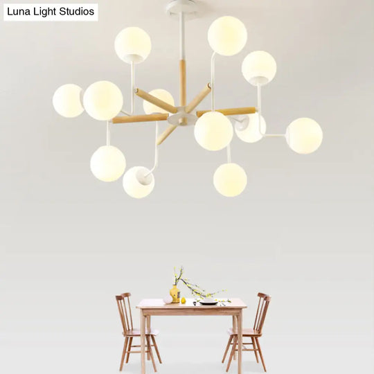 Wood Spherical Pendant Chandelier With Opaline Glass Shade