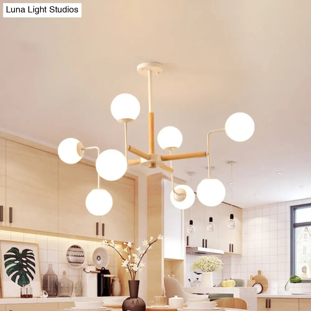 Wood Spherical Pendant Chandelier With Opaline Glass Shade