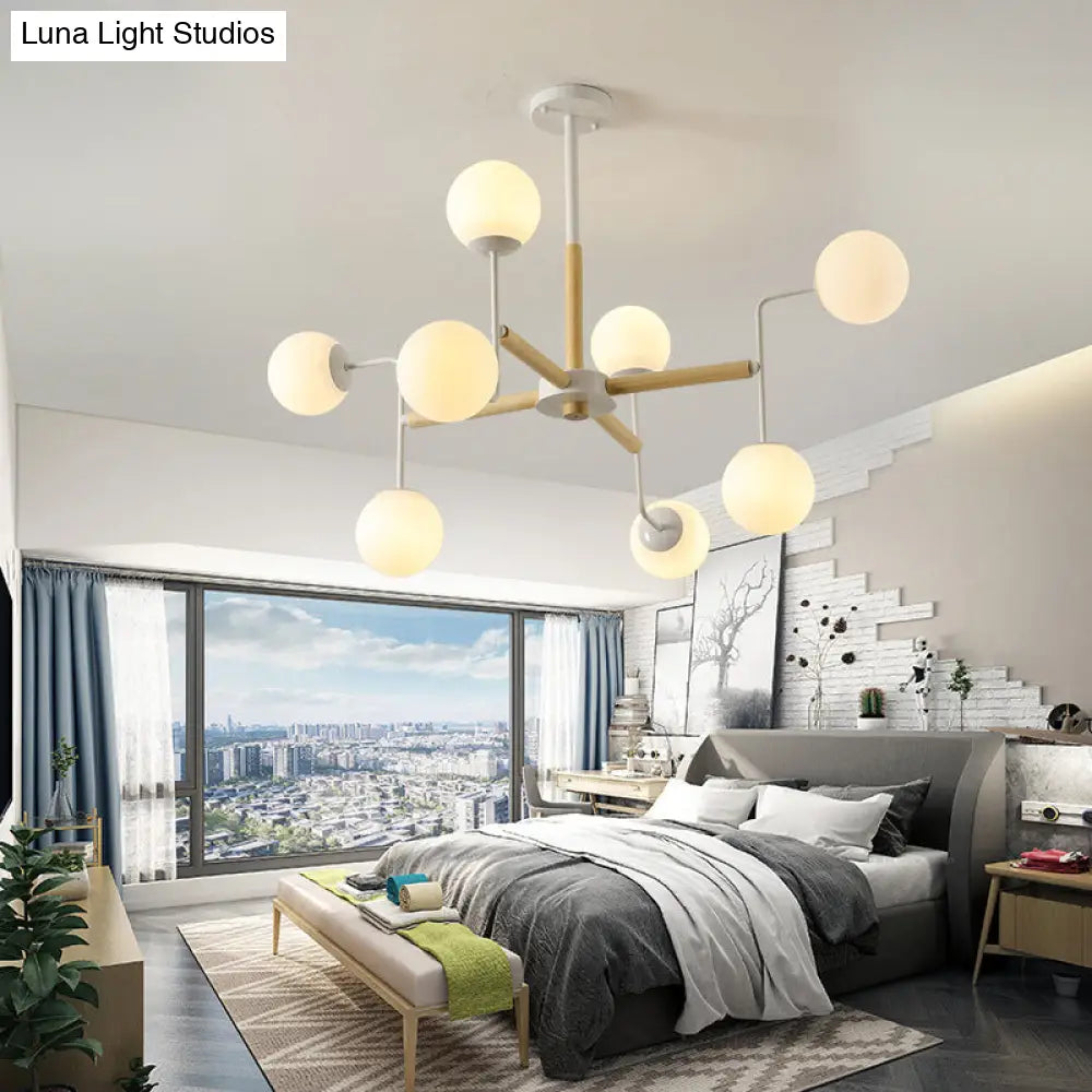 Wood Spherical Pendant Chandelier With Opaline Glass Shade