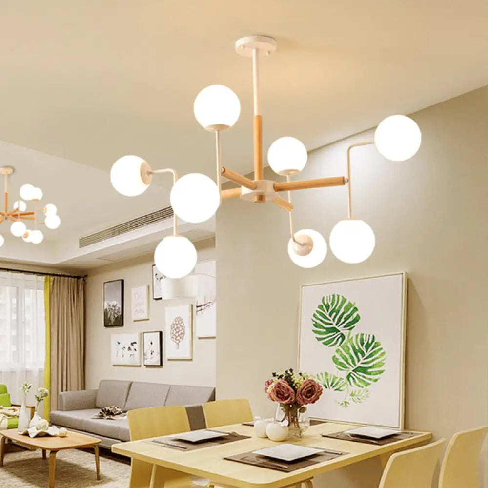 Wood Spherical Pendant Chandelier With Opaline Glass Shade 8 /