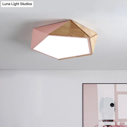 Wood Splicing 3D Pentangle Led Flush Mount Ceiling Lamp In Macaron Pink/Green Warm/White Light