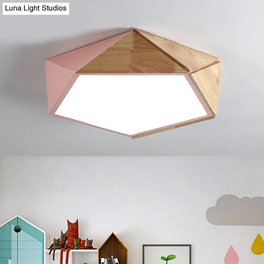 Wood Splicing 3D Pentangle Led Flush Mount Ceiling Lamp In Macaron Pink/Green Warm/White Light