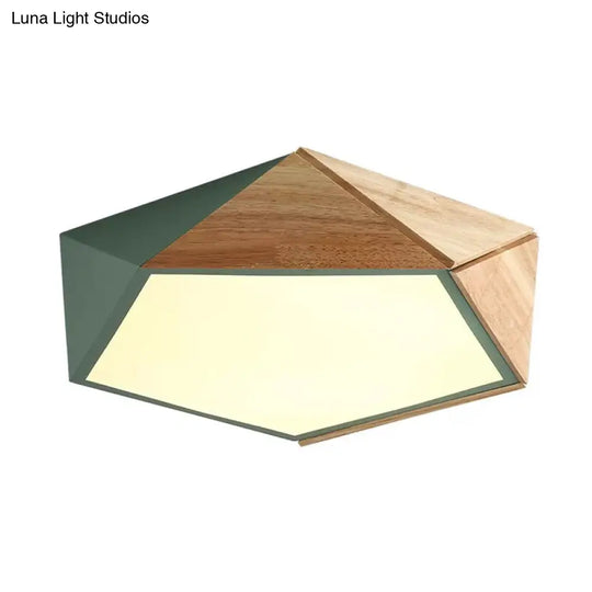 Wood Splicing 3D Pentangle Led Flush Mount Ceiling Lamp In Macaron Pink/Green Warm/White Light