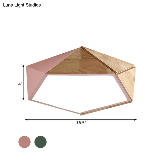 Wood Splicing 3D Pentangle Led Flush Mount Ceiling Lamp In Macaron Pink/Green Warm/White Light