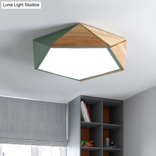 Wood Splicing 3D Pentangle Led Flush Mount Ceiling Lamp In Macaron Pink/Green Warm/White Light