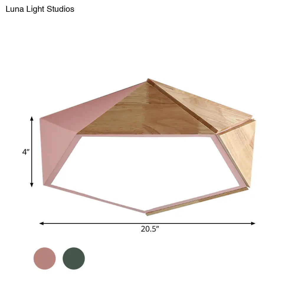 Wood Splicing 3D Pentangle Led Flush Mount Ceiling Lamp In Macaron Pink/Green Warm/White Light