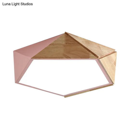 Wood Splicing 3D Pentangle Led Flush Mount Ceiling Lamp In Macaron Pink/Green Warm/White Light