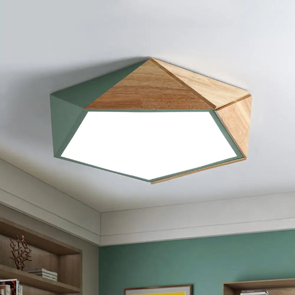 Wood Splicing 3D Pentangle Led Flush Mount Ceiling Lamp In Macaron Pink/Green Warm/White Light