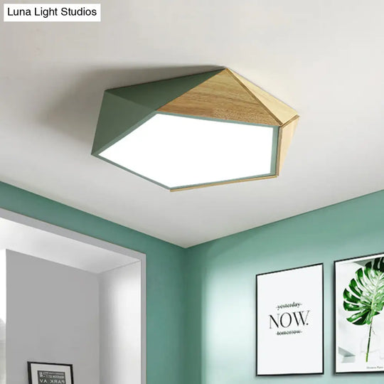 Wood Splicing 3D Pentangle Led Flush Mount Ceiling Lamp In Macaron Pink/Green Warm/White Light