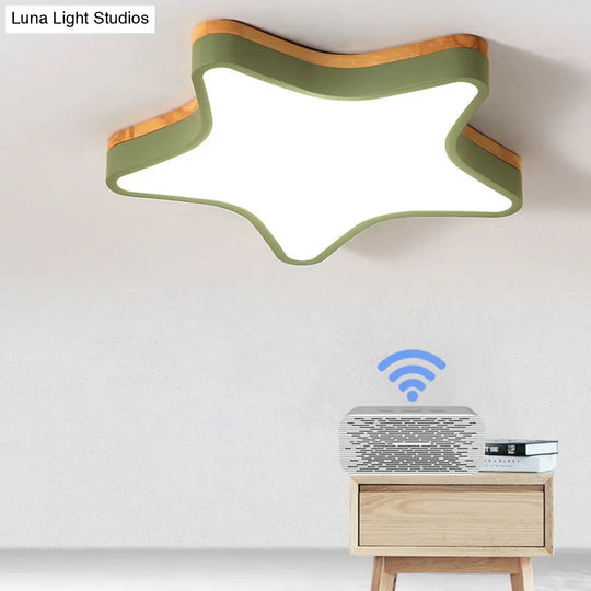 Wood Star Flush Cartoon Led Ceiling Light For Kindergarten Room Green / 18