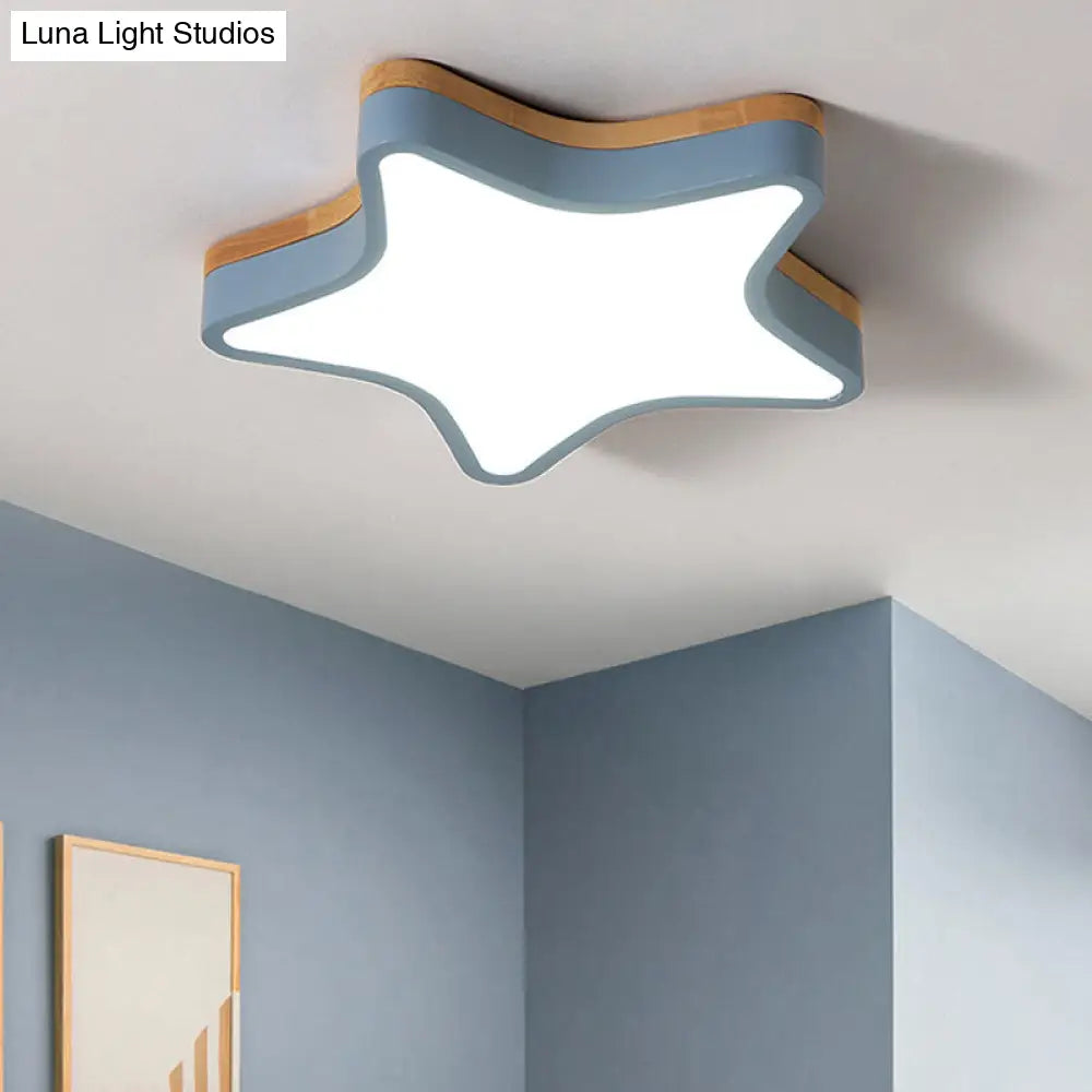 Wood Star Flush Cartoon Led Ceiling Light For Kindergarten Room Blue / 18