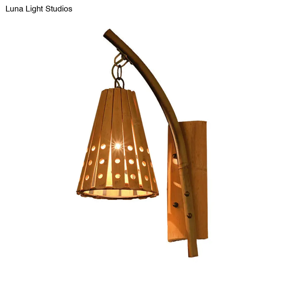 Wood Wall Lamp With Bamboo Cone Shade & Lodge Style Hollow Design - Perfect For Bedroom (Left/Right)