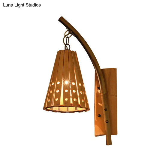 Wood Wall Lamp With Bamboo Cone Shade & Lodge Style Hollow Design - Perfect For Bedroom (Left/Right)