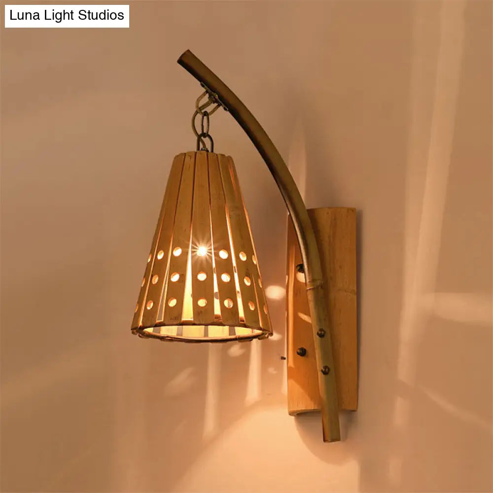 Wood Wall Lamp With Bamboo Cone Shade & Lodge Style Hollow Design - Perfect For Bedroom (Left/Right)