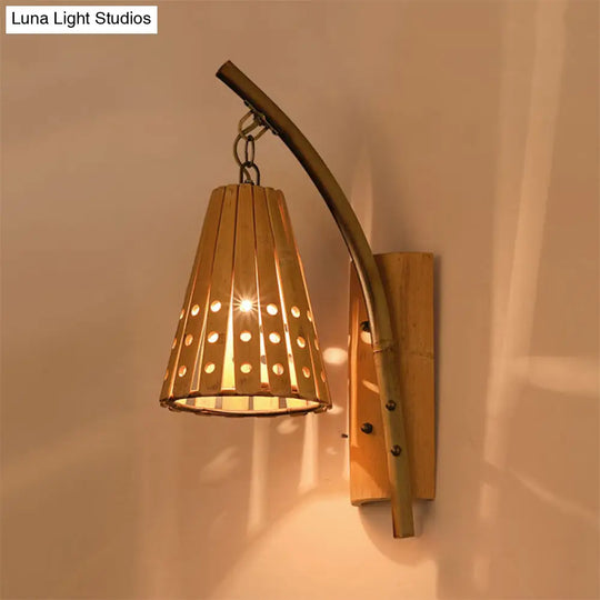 Wood Wall Lamp With Bamboo Cone Shade & Lodge Style Hollow Design - Perfect For Bedroom (Left/Right)