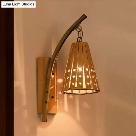 Wood Wall Lamp With Bamboo Cone Shade & Lodge Style Hollow Design - Perfect For Bedroom (Left/Right)