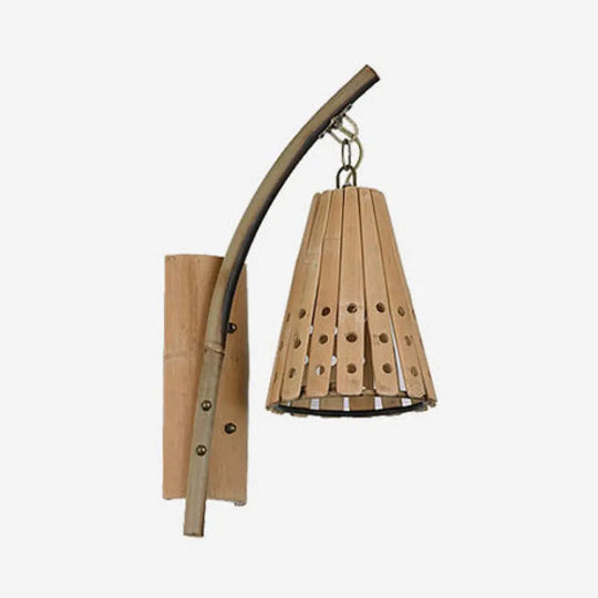 Wood Wall Lamp With Bamboo Cone Shade & Lodge Style Hollow Design - Perfect For Bedroom (Left/Right)