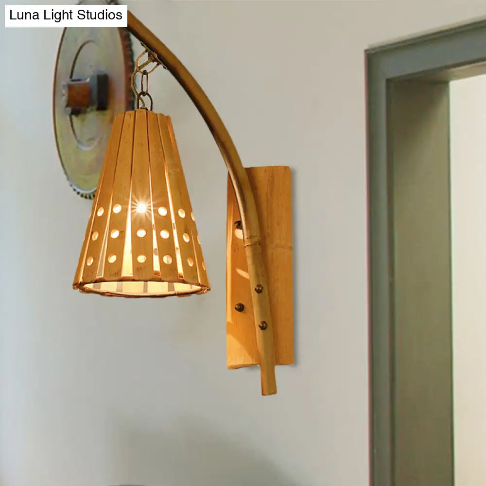 Wood Wall Lamp With Bamboo Cone Shade & Lodge Style Hollow Design - Perfect For Bedroom (Left/Right)