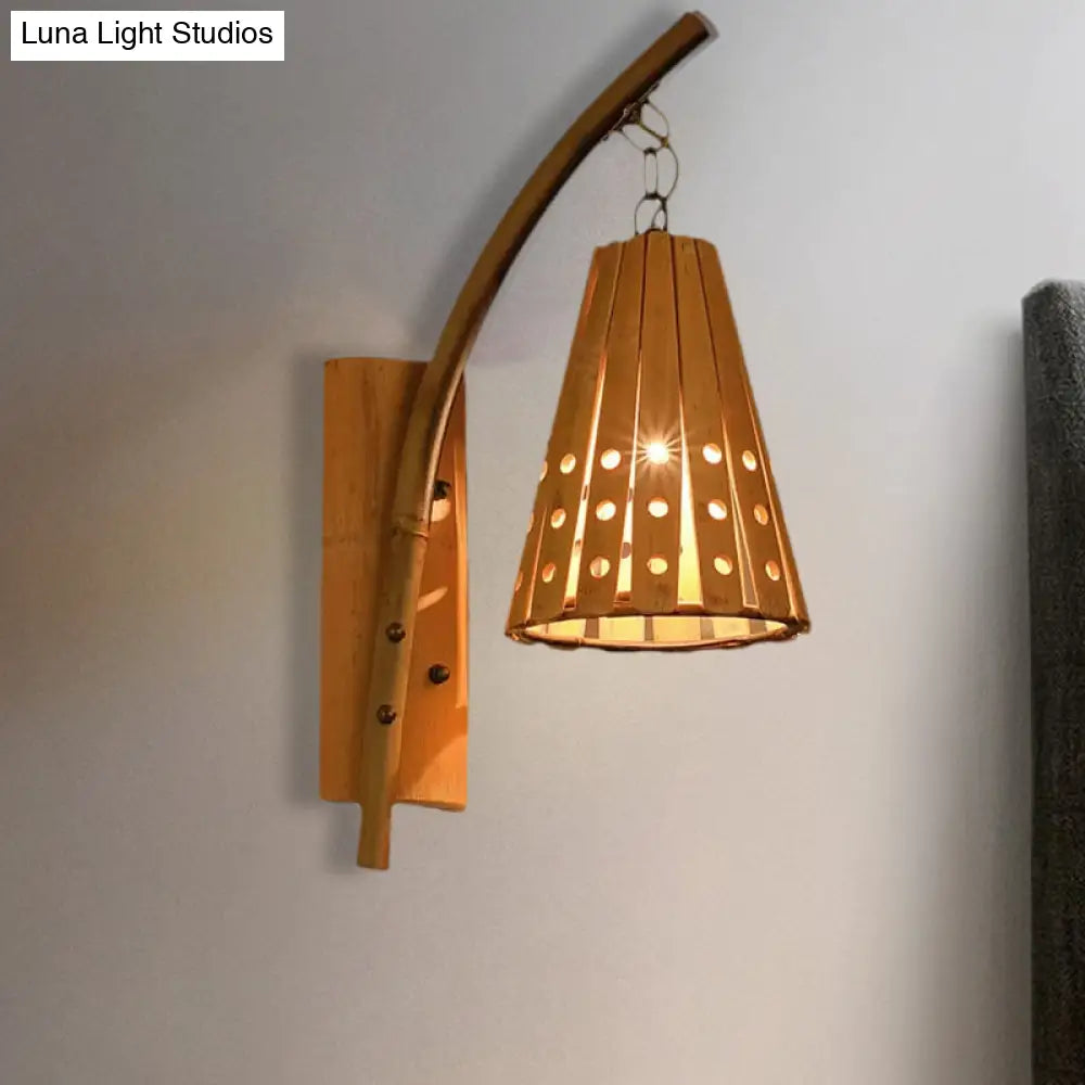 Wood Wall Lamp With Bamboo Cone Shade & Lodge Style Hollow Design - Perfect For Bedroom (Left/Right)