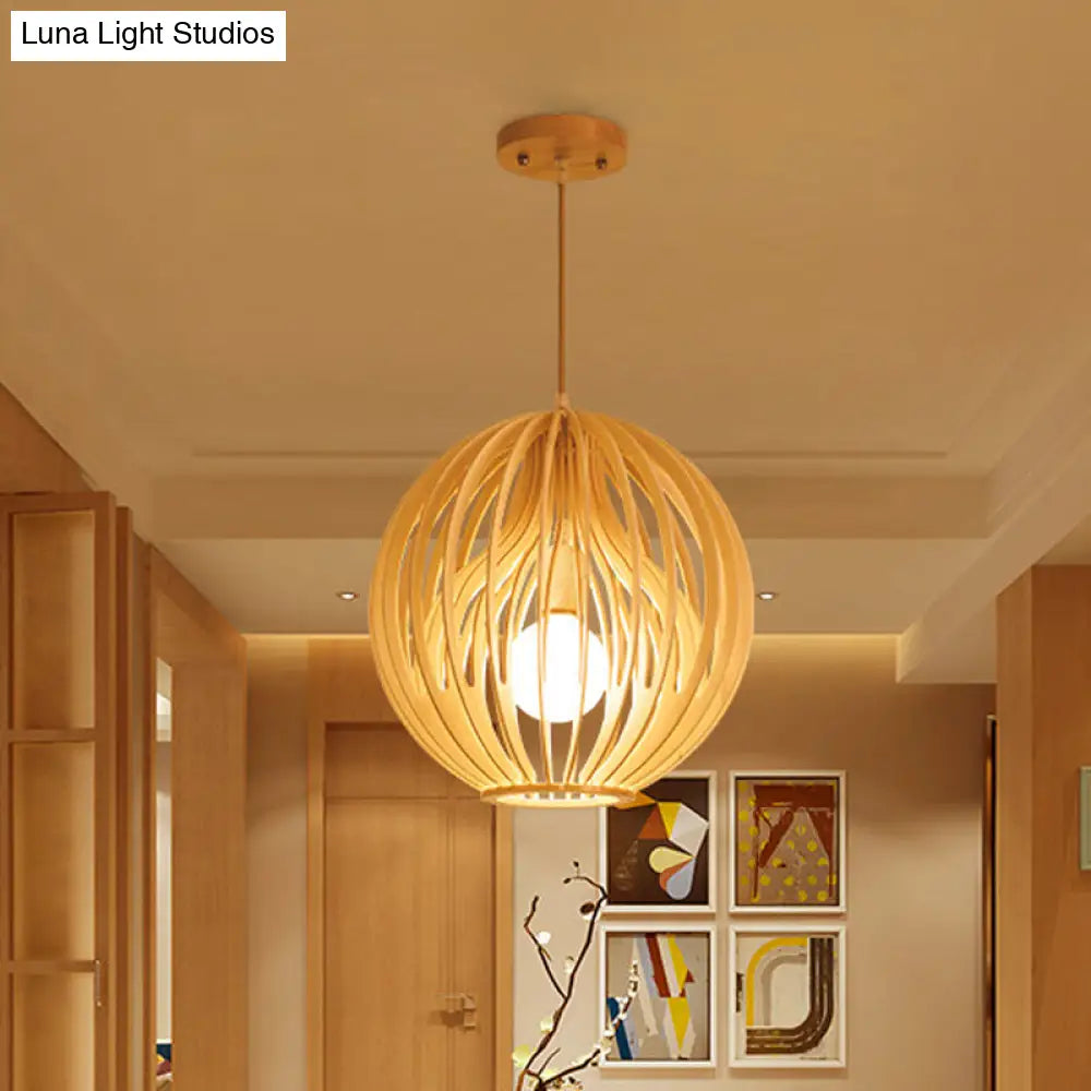 Wooden 2-Layer Cage Pendant Ceiling Light With Interior Fabric Shade - Asia Style