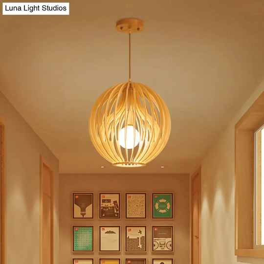 Wooden 2-Layer Cage Pendant Ceiling Light With Interior Fabric Shade - Asia Style