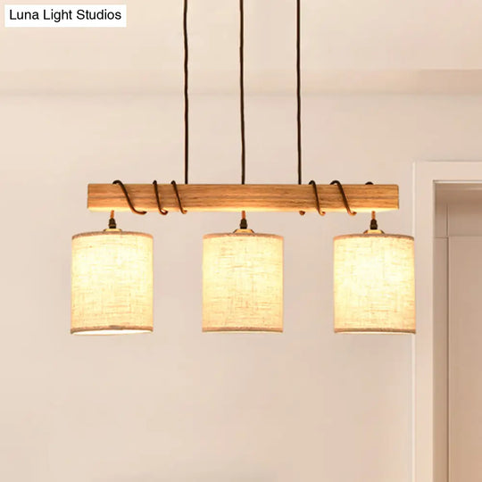 Wooden 3-Head Fabric Island Pendant Light For Modern Dining Rooms