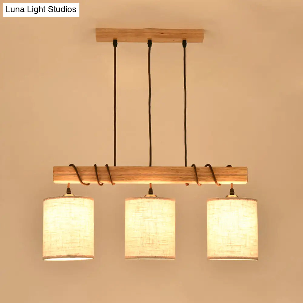 Wooden 3-Head Fabric Island Pendant Light For Modern Dining Rooms