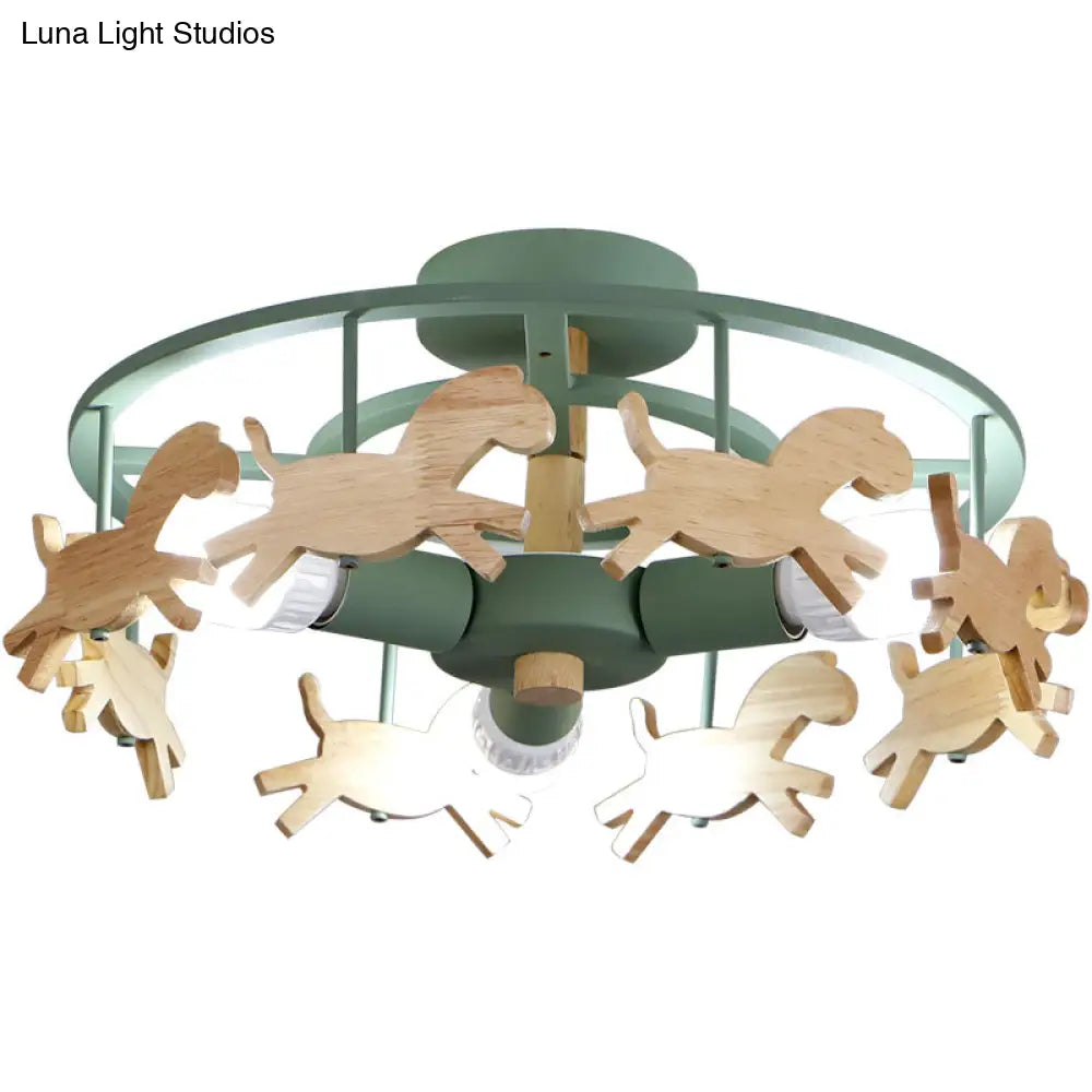 Wooden 3-Head Kids Semi Flush Mount Merry-Go-Round Kindergarten Ceiling Lamp