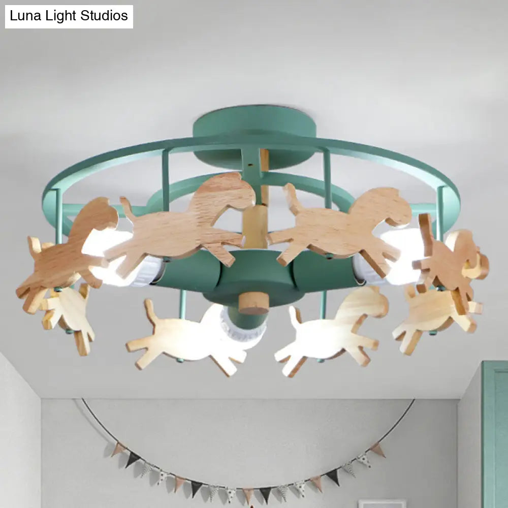 Wooden 3-Head Kids Semi Flush Mount Merry-Go-Round Kindergarten Ceiling Lamp