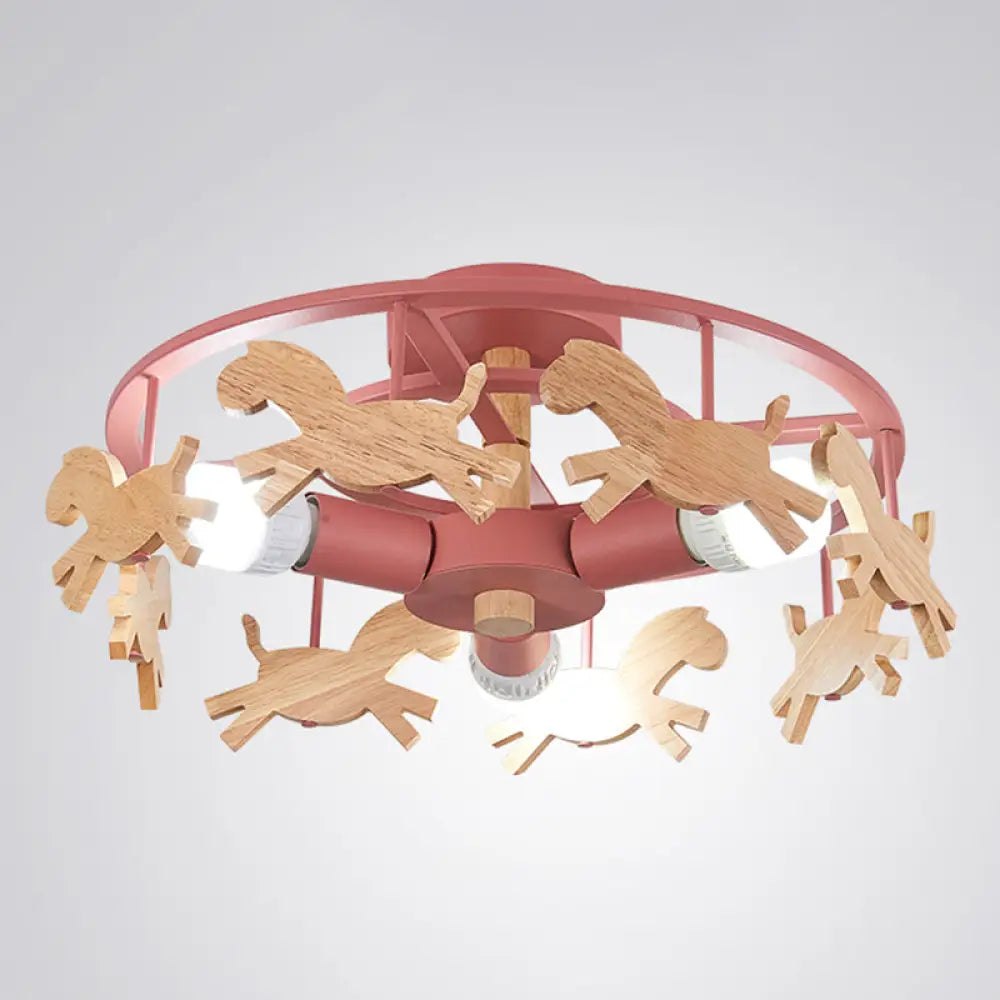 Wooden 3-Head Kids Semi Flush Mount Merry-Go-Round Kindergarten Ceiling Lamp Red