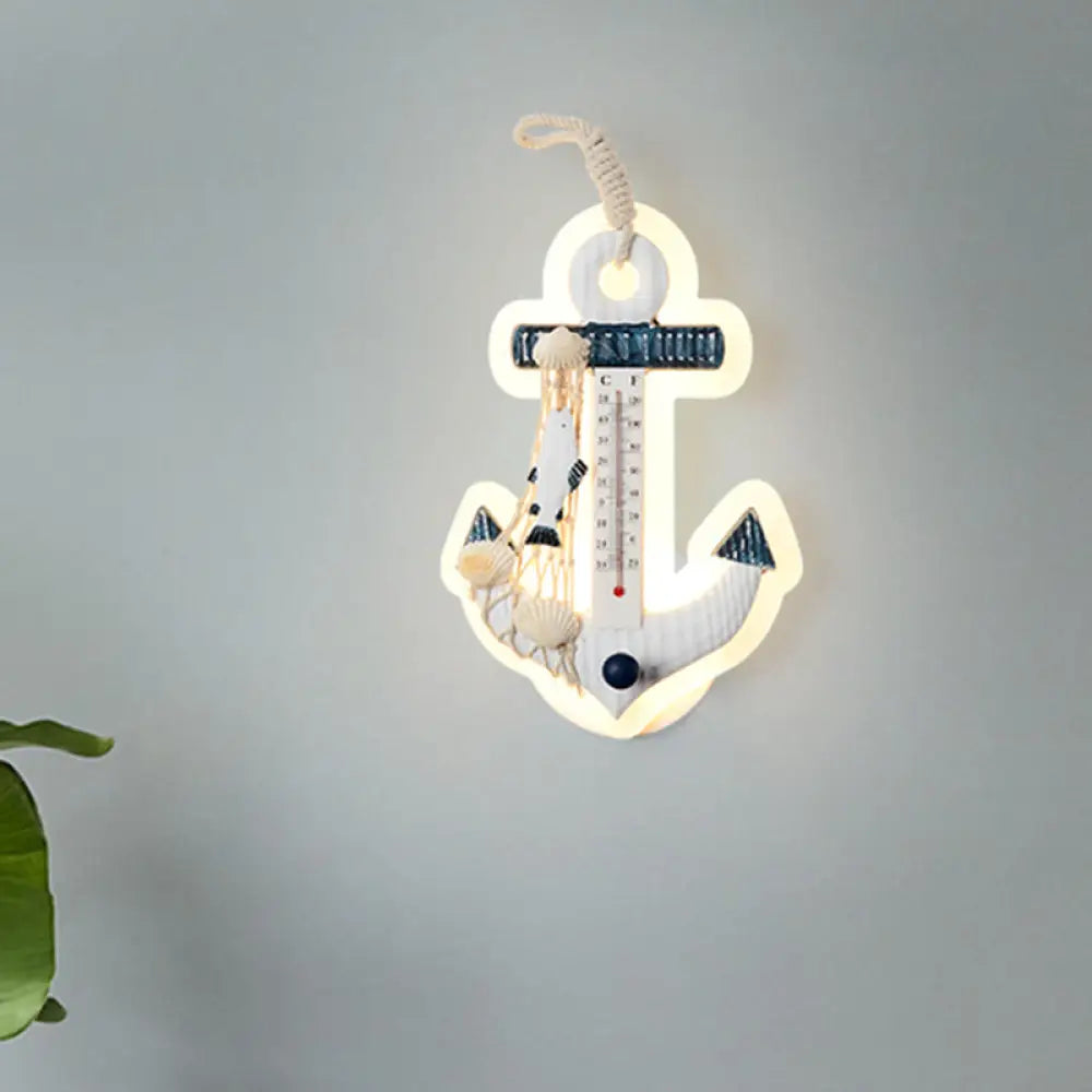 Wooden Anchor Sconce Light: Led Blue-White Wall Mounted Lamp - Mediterranean Inspired Fixture Blue