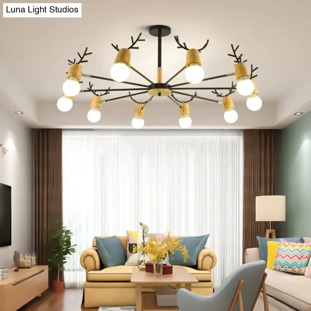 Wooden Antler Chandelier: Modern Simplicity Pendant Lights With Exposed Bulbs For Creative Bedroom