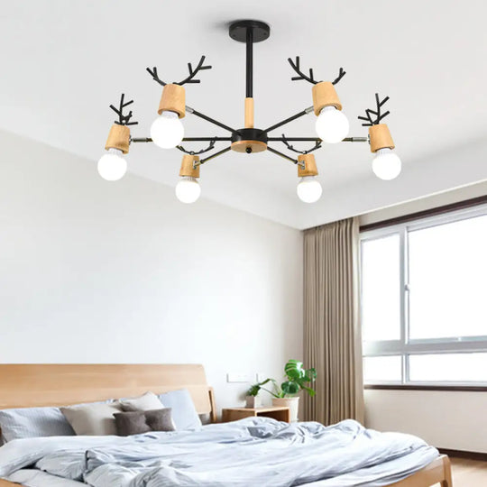 Wooden Antler Chandelier: Modern Simplicity Pendant Lights With Exposed Bulbs For Creative Bedroom