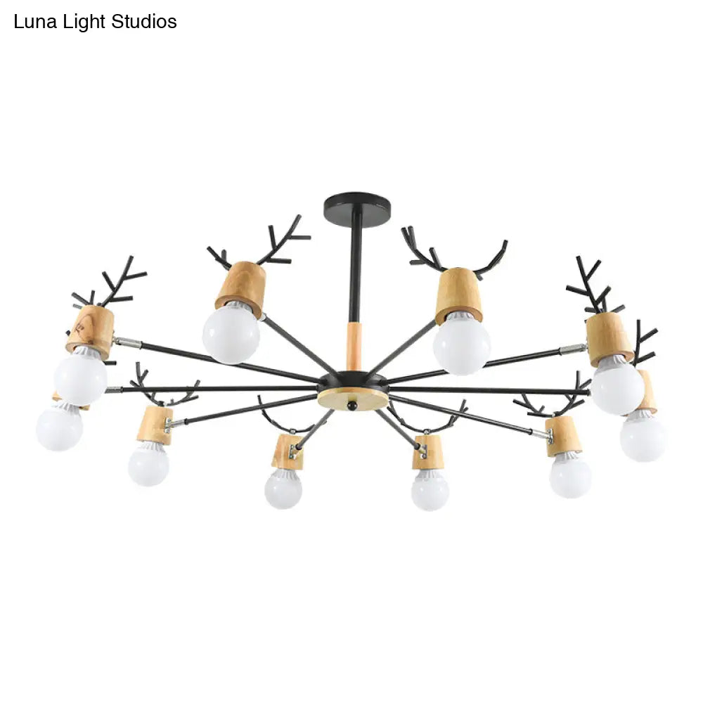 Wooden Antler Chandelier: Modern Simplicity Pendant Lights With Exposed Bulbs For Creative Bedroom