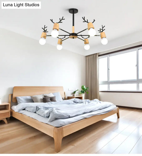 Wooden Antler Chandelier: Modern Simplicity Pendant Lights With Exposed Bulbs For Creative Bedroom