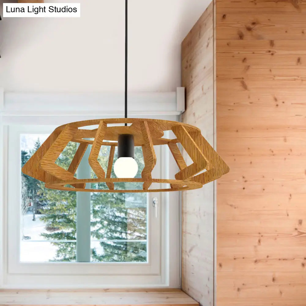 Wooden Asian Drum Pendant Light - 1-Light Study Room Ceiling Lamp