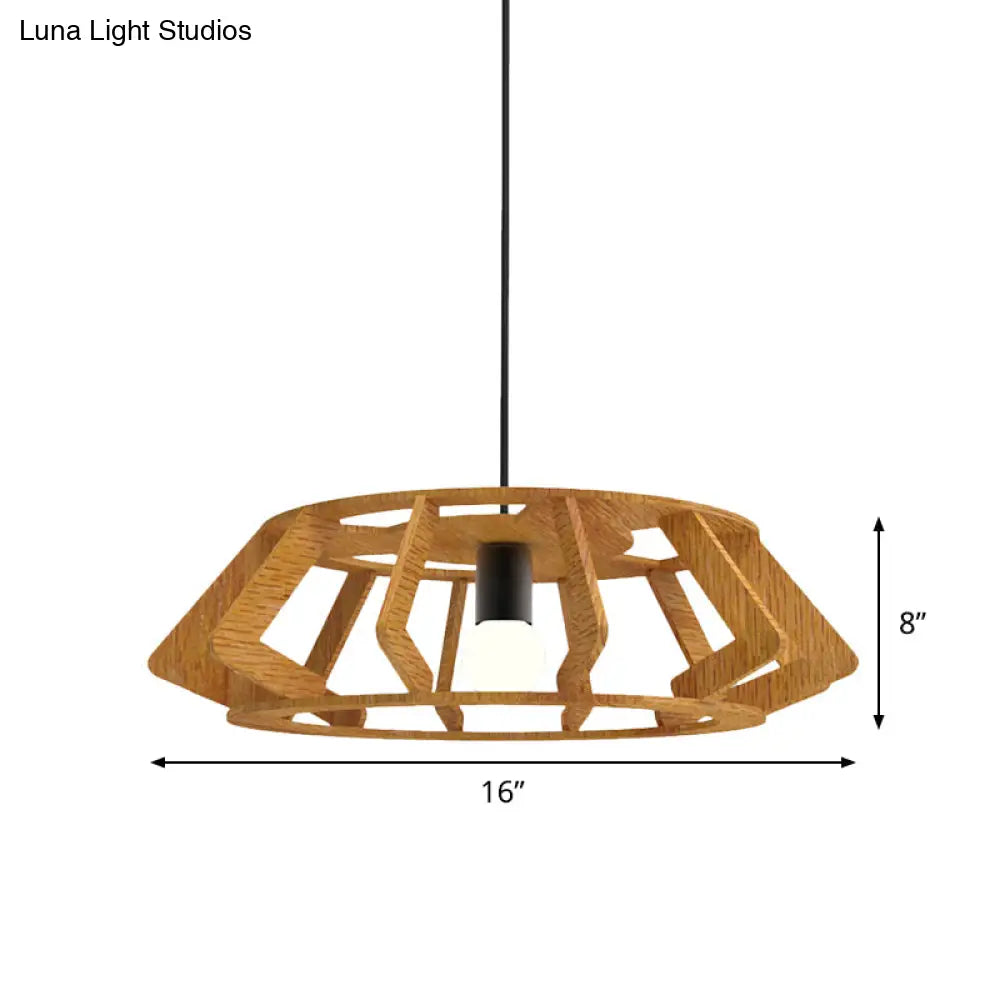 Wooden Asian Drum Pendant Light - 1-Light Study Room Ceiling Lamp