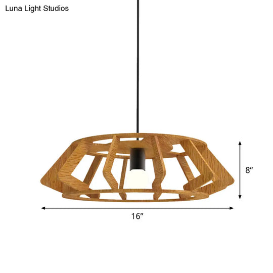 Wooden Asian Drum Pendant Light - 1-Light Study Room Ceiling Lamp