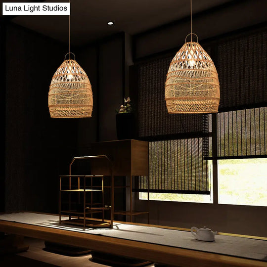 Wooden Asian Rattan Pendant Ceiling Light With Suspended Elongated Design - Ideal For Restaurants