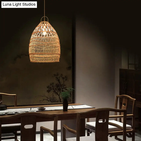 Wooden Asian Rattan Pendant Ceiling Light With Suspended Elongated Design - Ideal For Restaurants