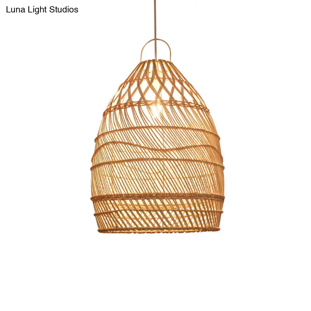 Wooden Asian Rattan Pendant Ceiling Light With Suspended Elongated Design - Ideal For Restaurants