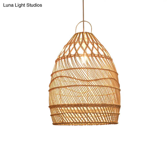 Wooden Asian Rattan Pendant Ceiling Light With Suspended Elongated Design - Ideal For Restaurants