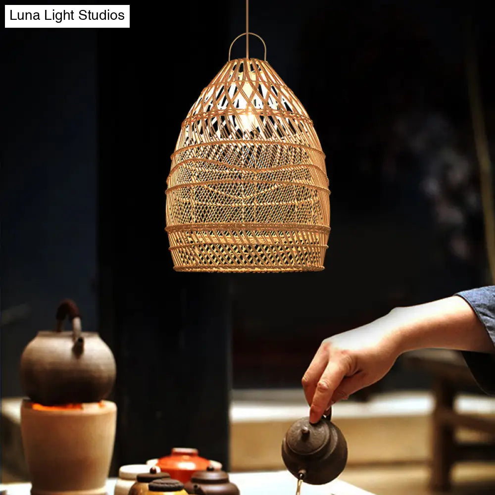 Wooden Asian Rattan Pendant Ceiling Light With Suspended Elongated Design - Ideal For Restaurants